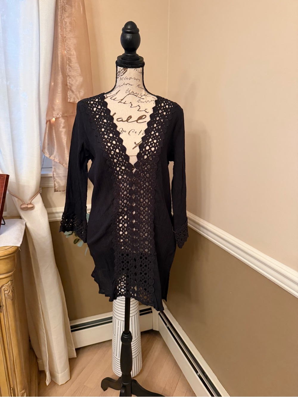 Black Sheer Lace Trim Swim Cover Up / Beach Cover Up /size s/p